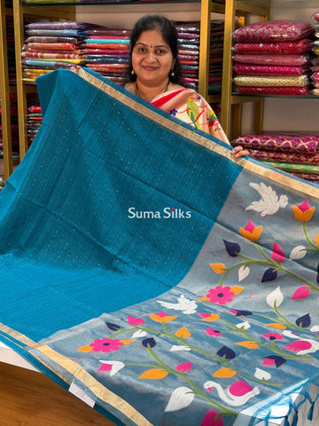 Linen Jute Silk Paithani Copper Blue Color