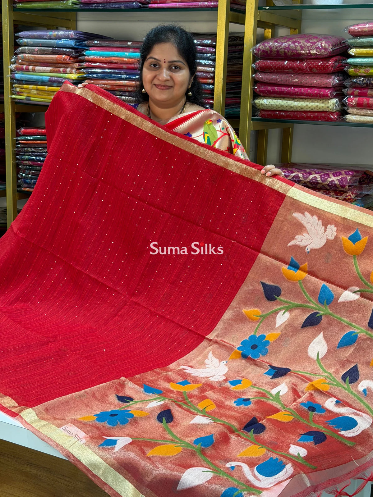 Linen Jute Silk Paithani Red Color