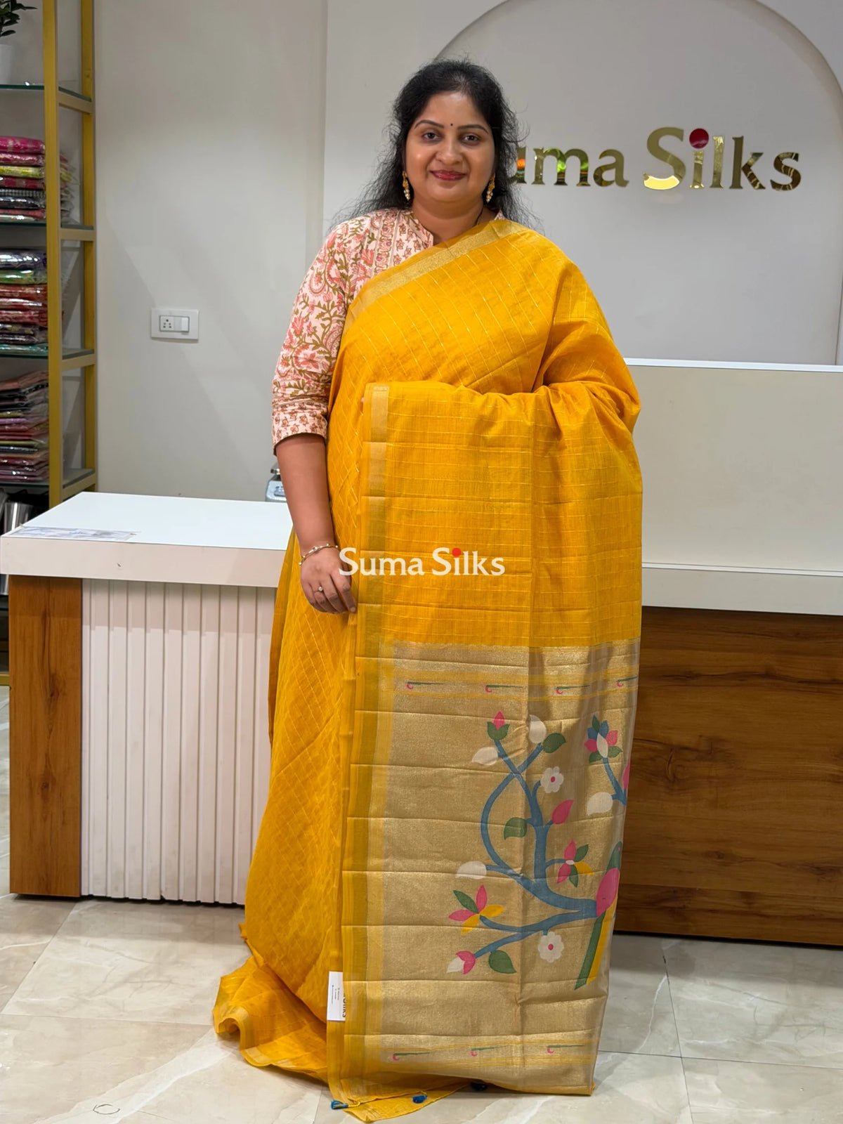 Linen Cotton Jamdani Paithani Yellow