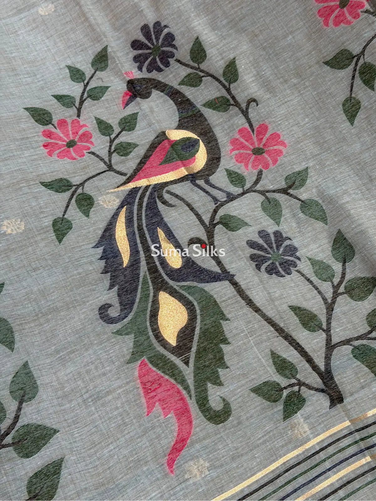 Linen Cotton Jamdani Peacock Powder Blue