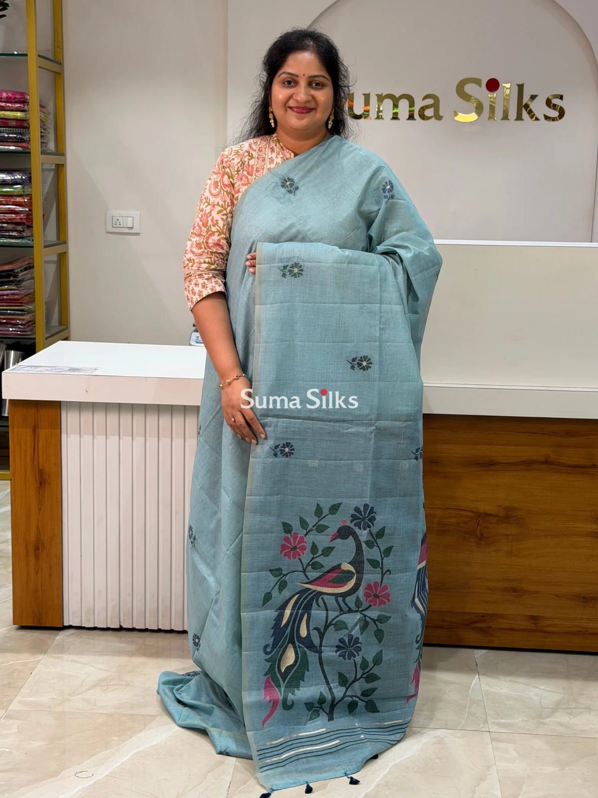 Linen Cotton Jamdani Peacock Powder Blue