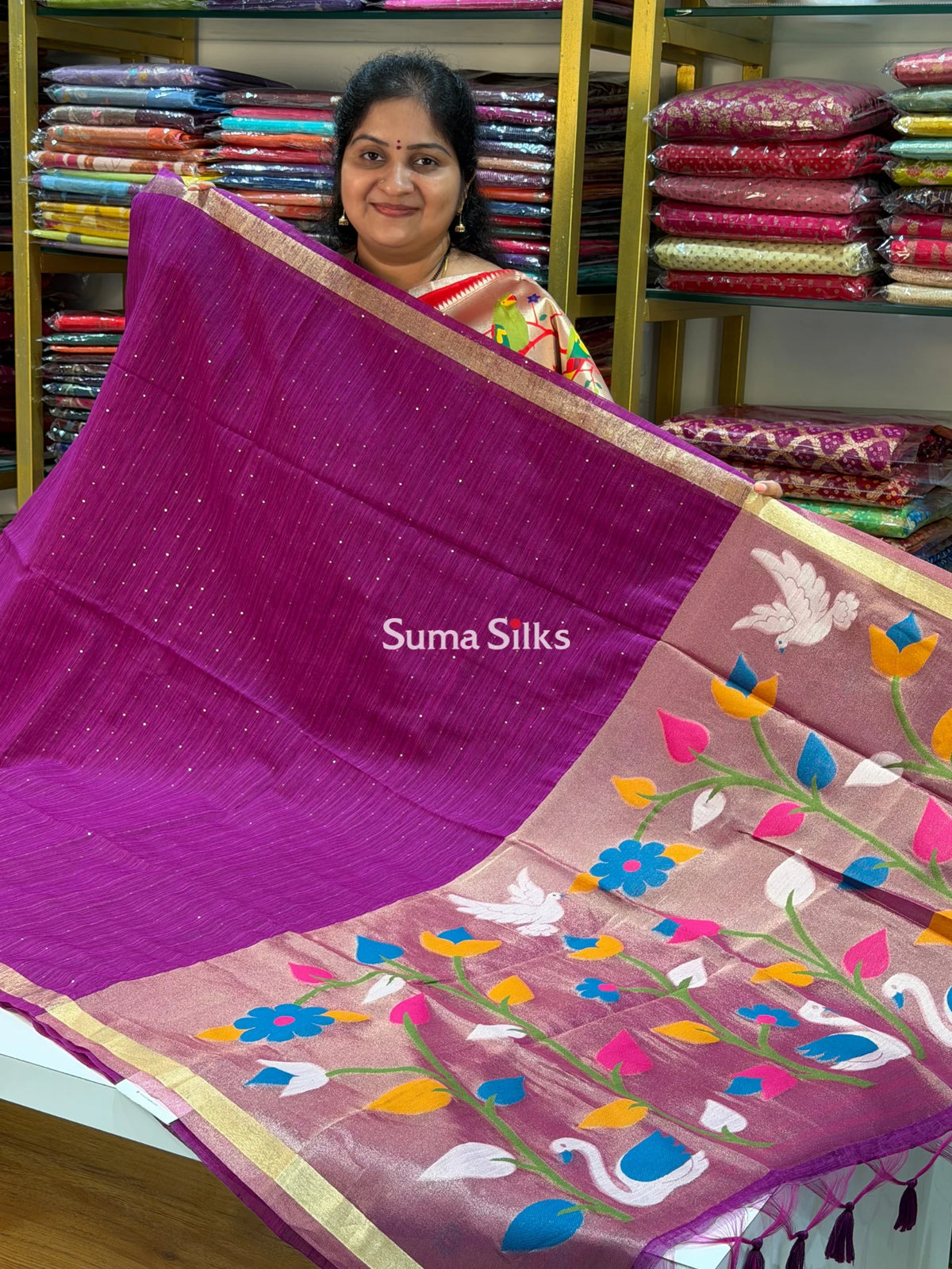 Linen Jute Silk Paithani Magenta Color