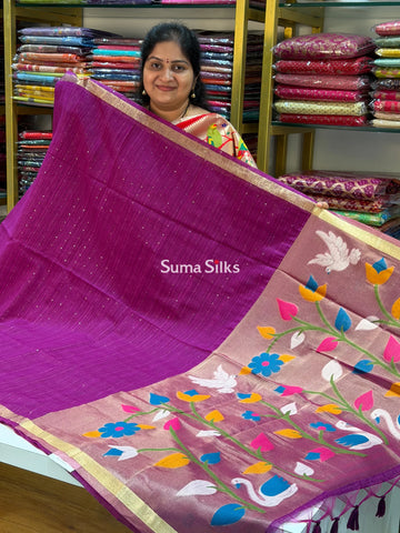 Linen Jute Silk Paithani Magenta Color