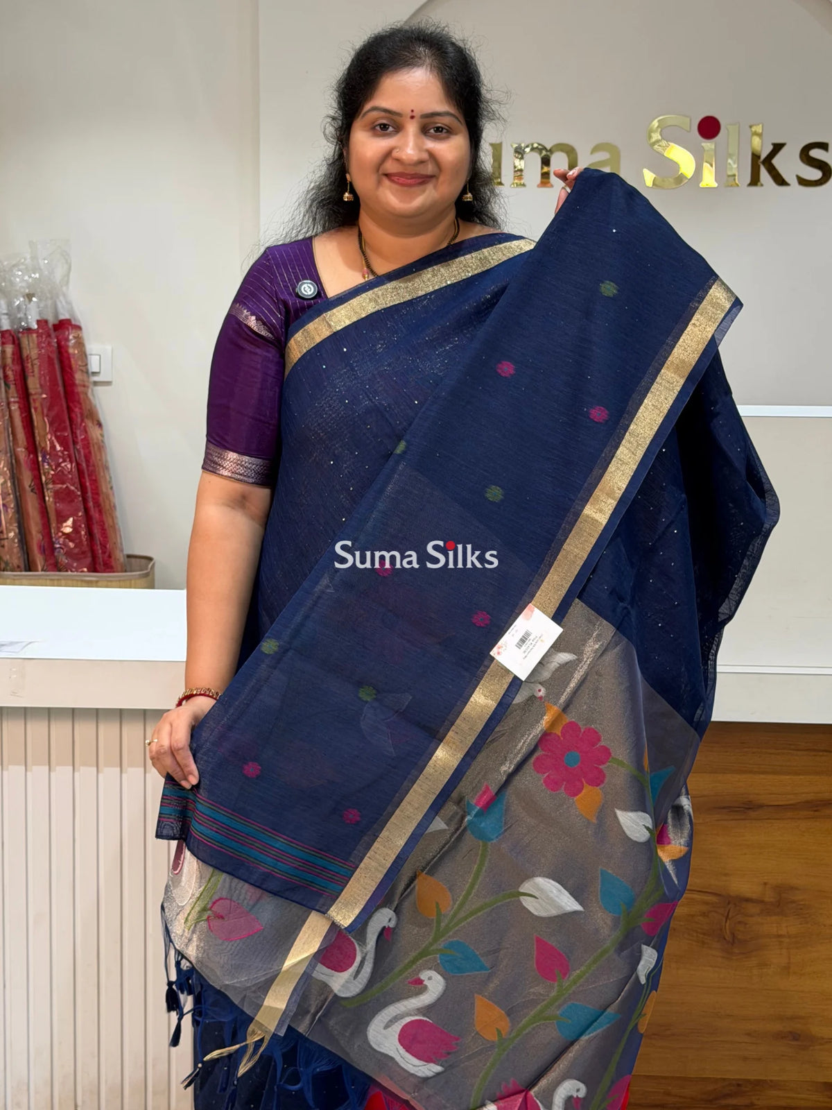 Linen Jute Silk Paithani Navy Color