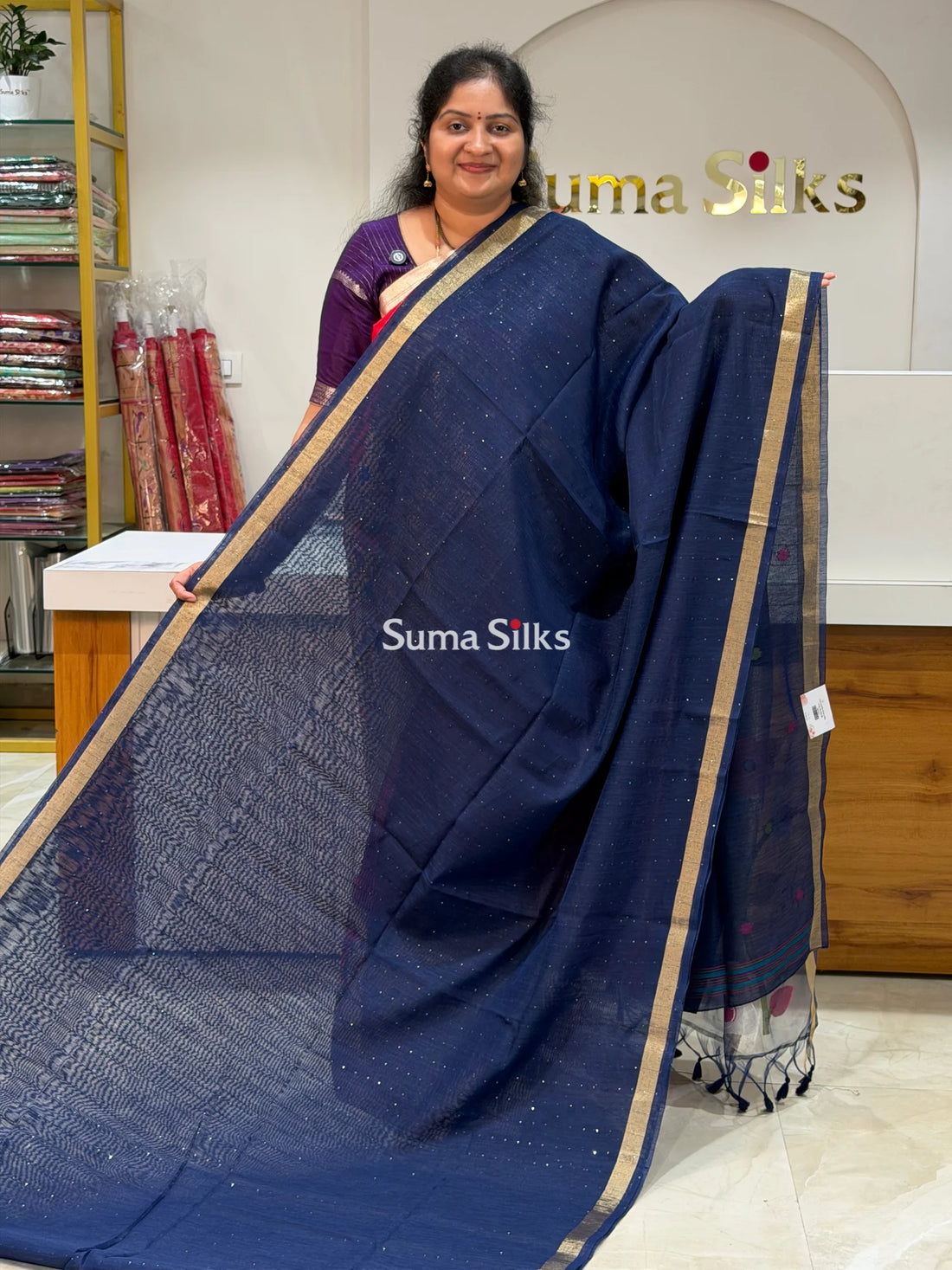 Linen Jute Silk Paithani Navy Color