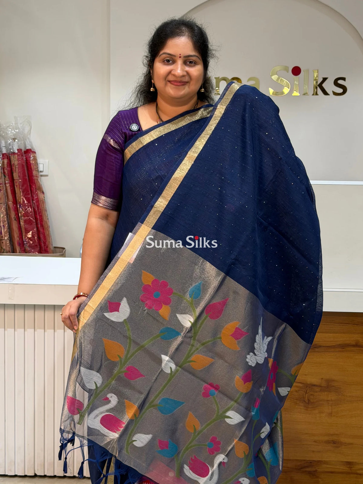 Linen Jute Silk Paithani Navy Color