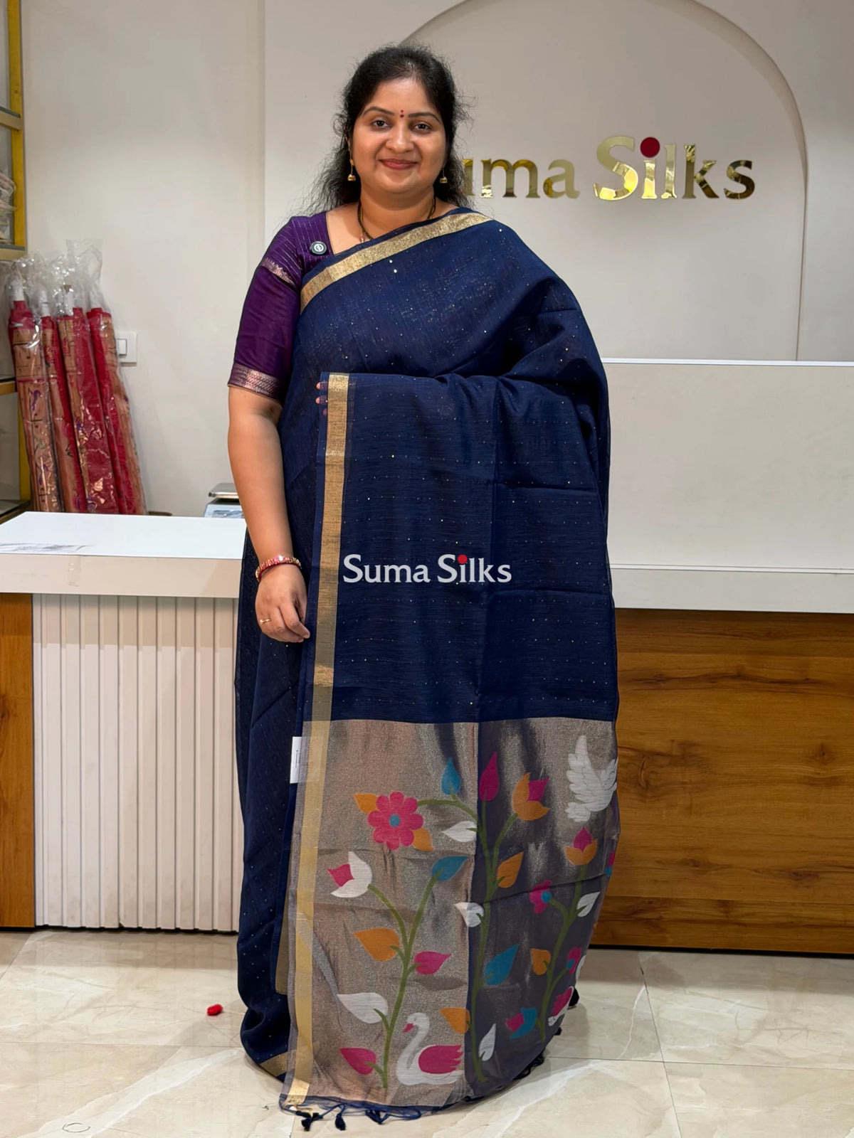 Linen Jute Silk Paithani Navy Color