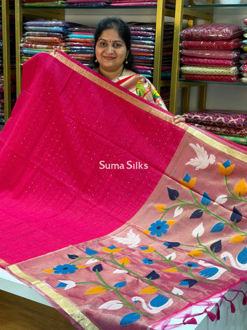 Linen Jute Silk Paithani Rani Pink Color