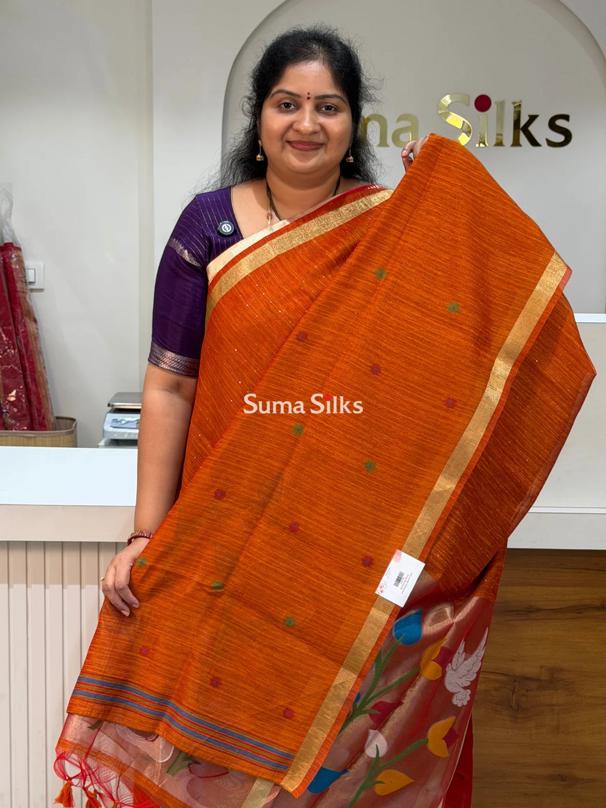 Linen Jute Silk Paithani Rust Orange Color