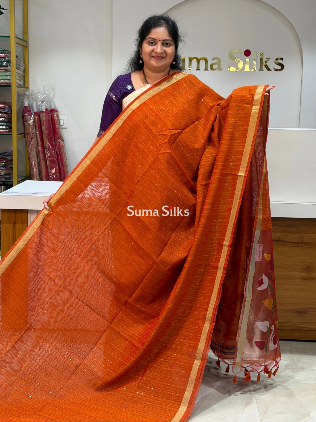 Linen Jute Silk Paithani Rust Orange Color