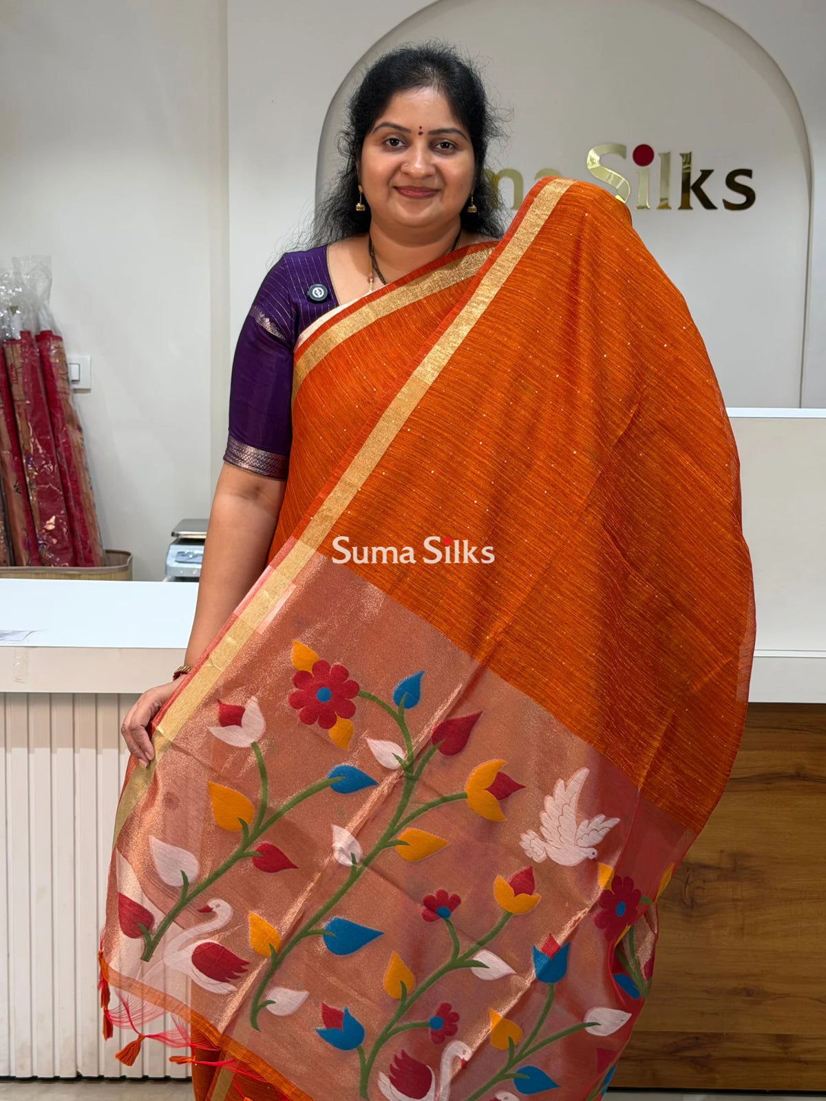 Linen Jute Silk Paithani Rust Orange Color