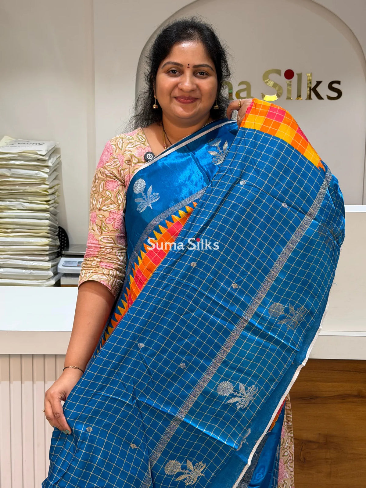 Madras Checks Orange Strawberry with Blue Border