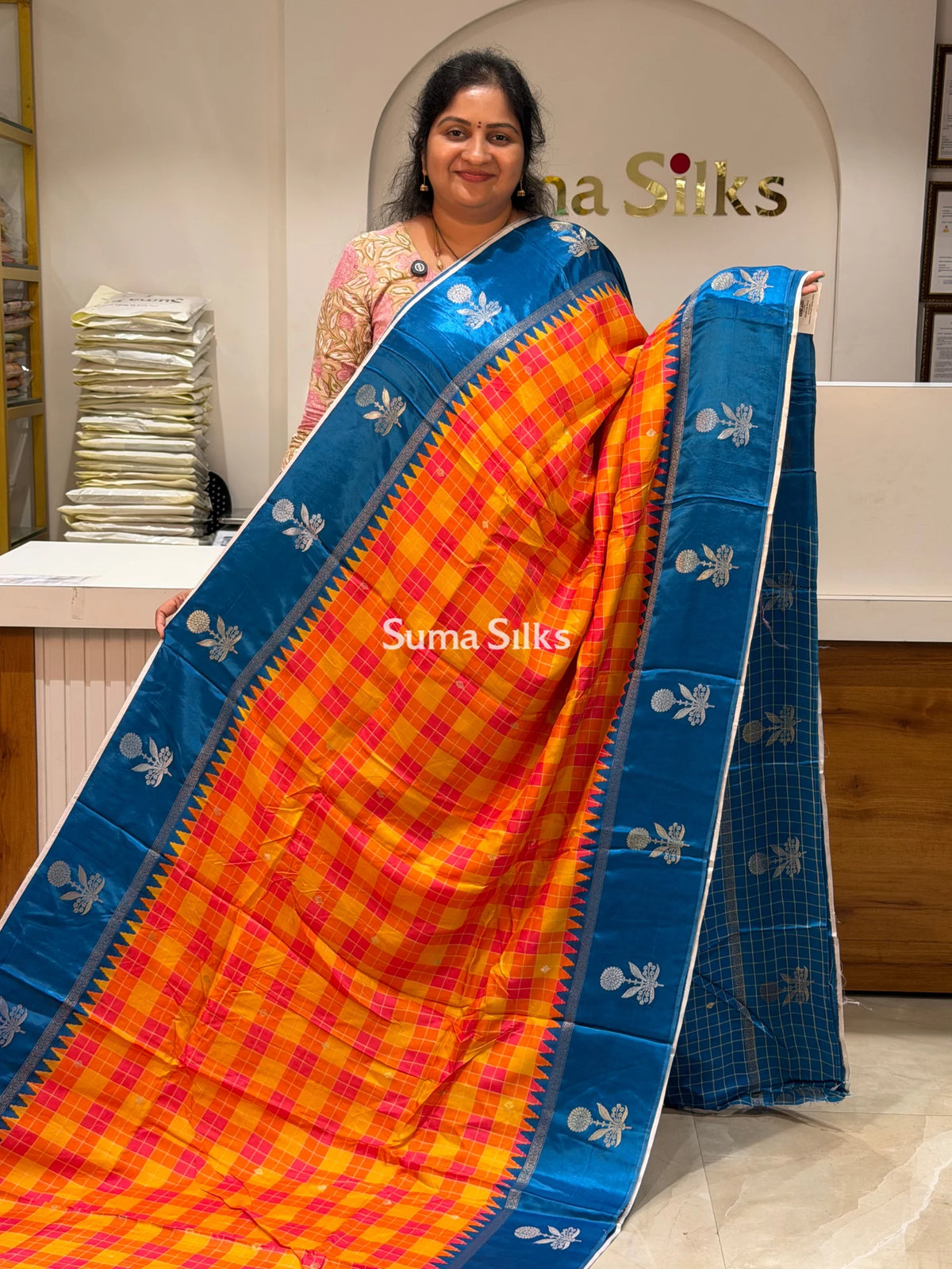 Madras Checks Orange Strawberry with Blue Border