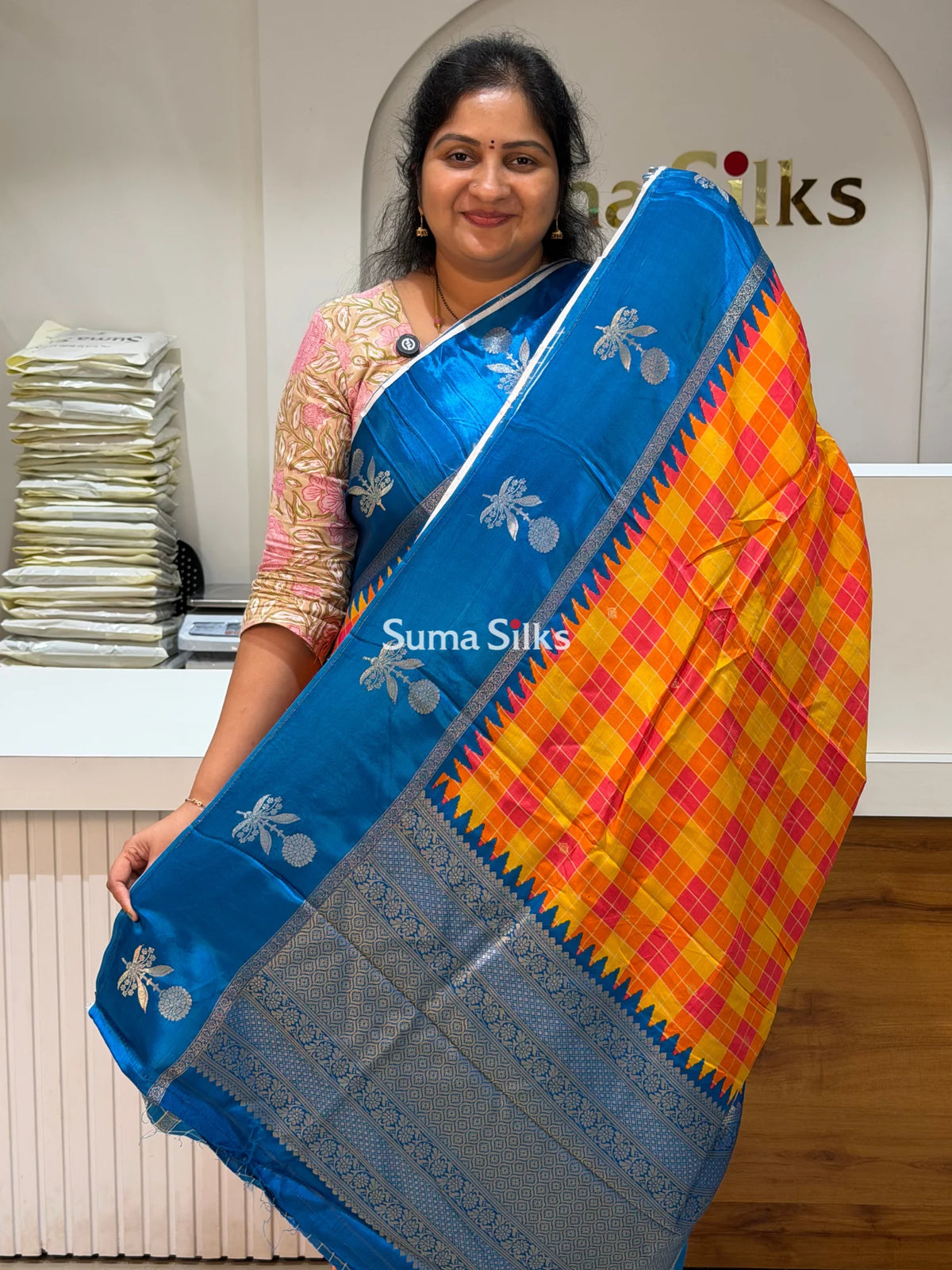 Madras Checks Orange Strawberry with Blue Border