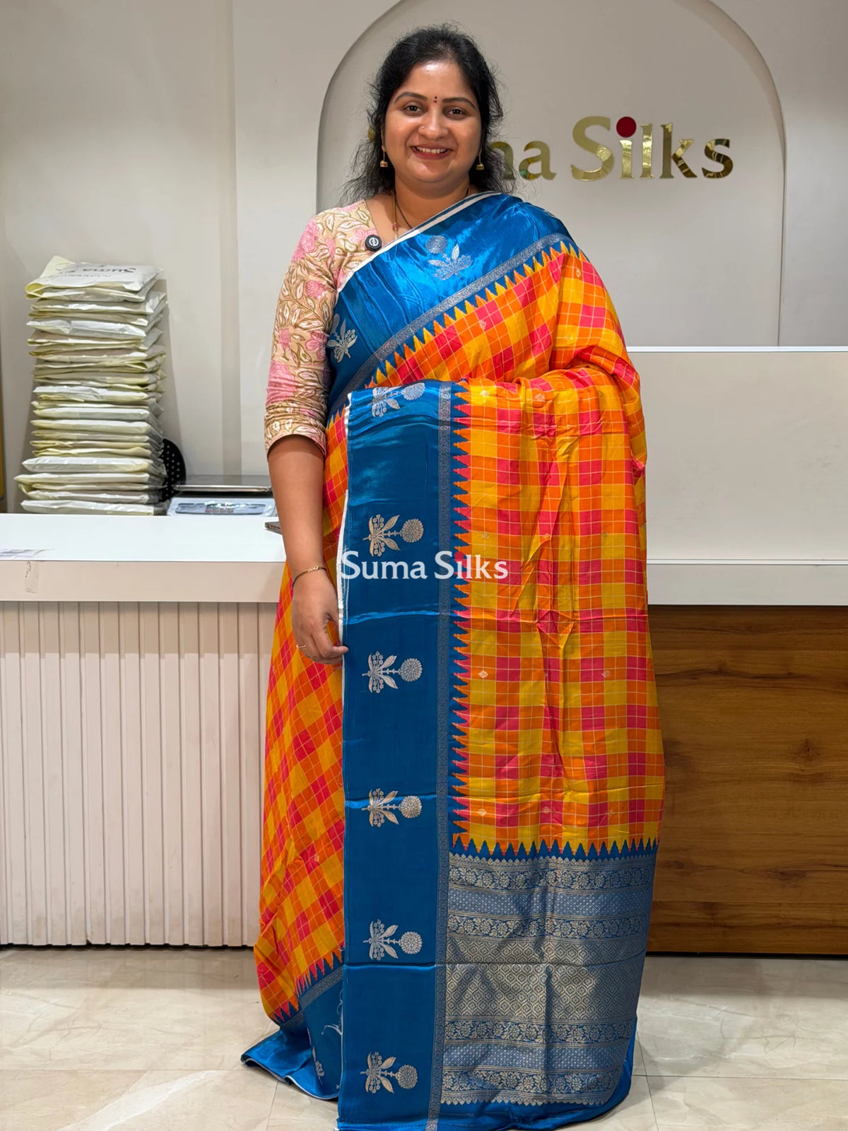 Madras Checks Orange Strawberry with Blue Border