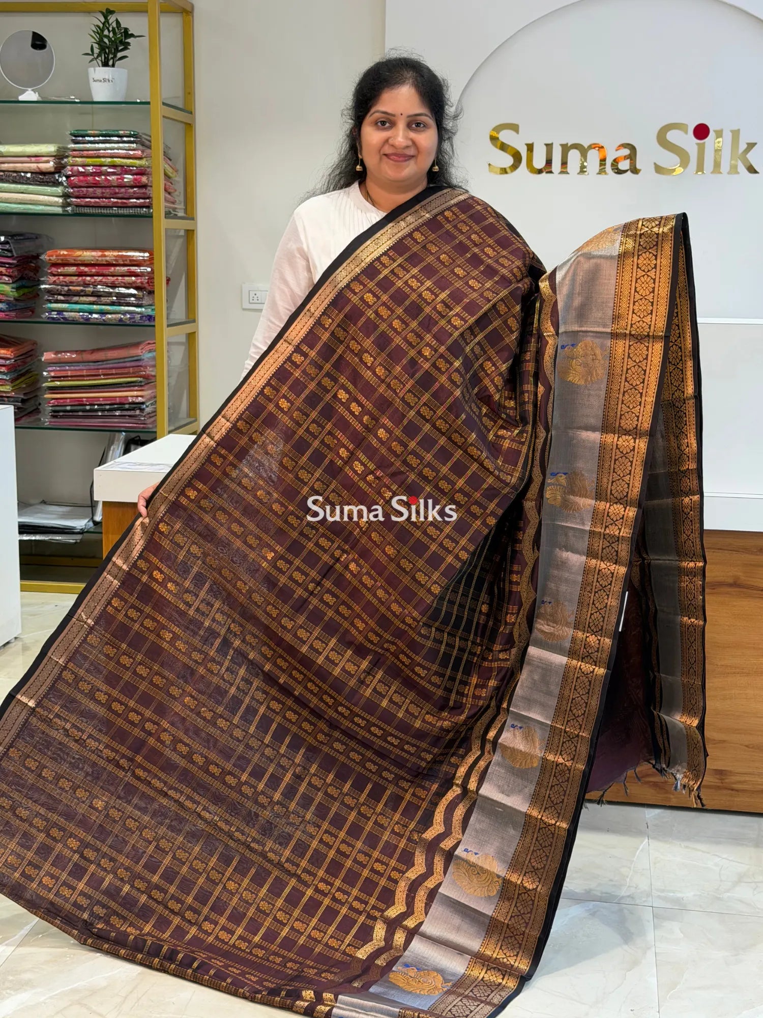 Mangalagiri Pattu Handloom Saree Scalap Brown SSS1468-4