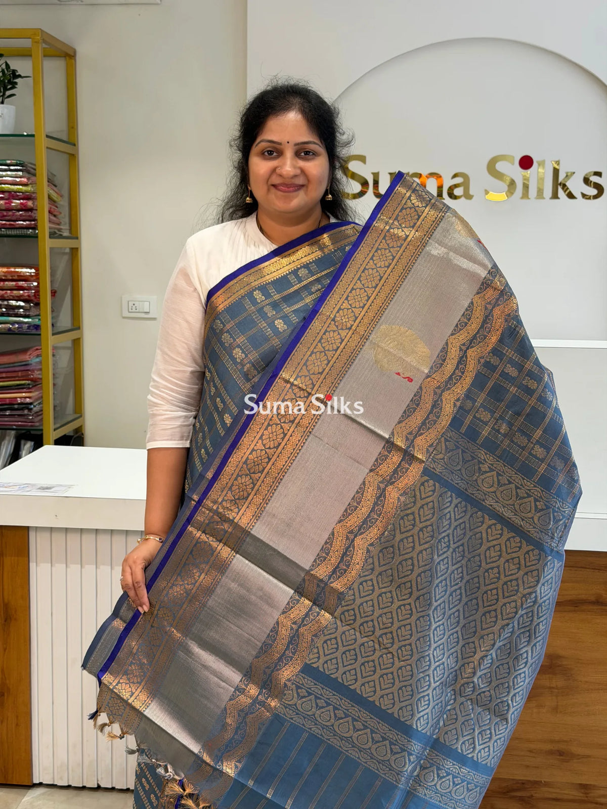 Mangalagiri Pattu Handloom Saree Scalap Grey SSS1468-2