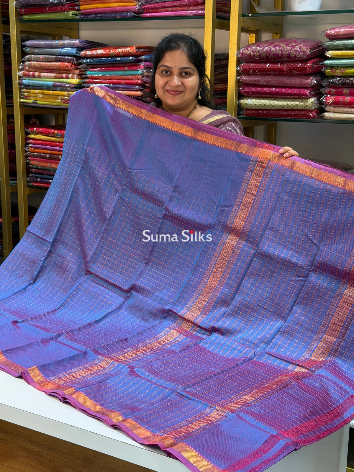 Mangalagiri Checks Gap Border Handloom Bluish Wine
