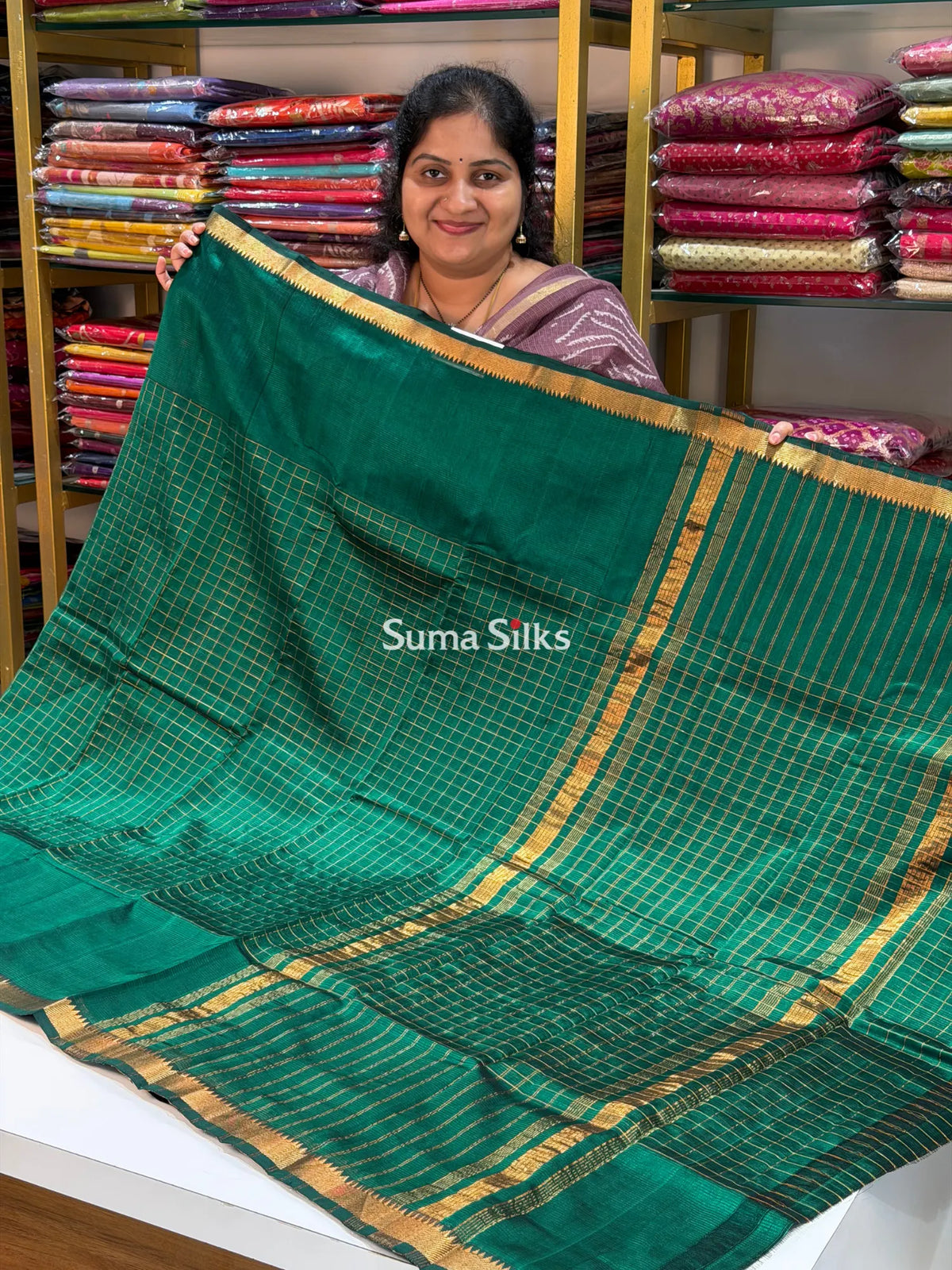 Mangalagiri Checks Gap Border Handloom Bottle Green