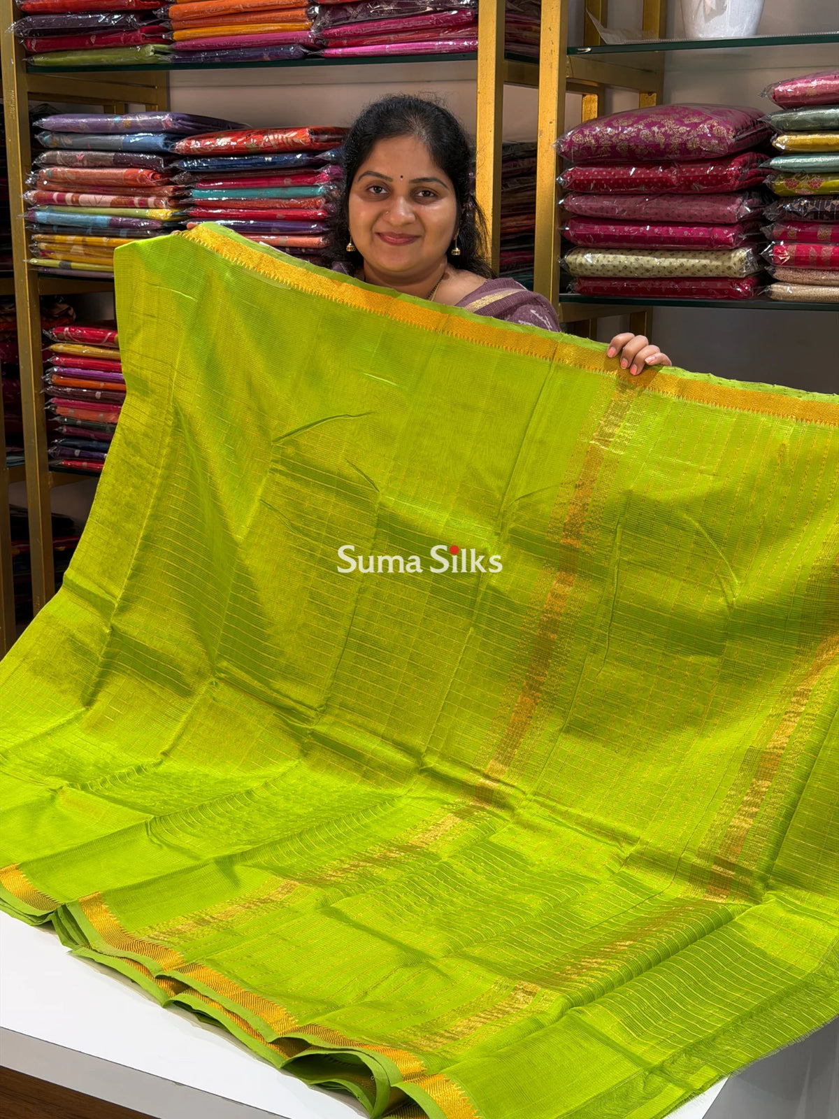 Mangalagiri Checks Gap Border Handloom Parrot Green