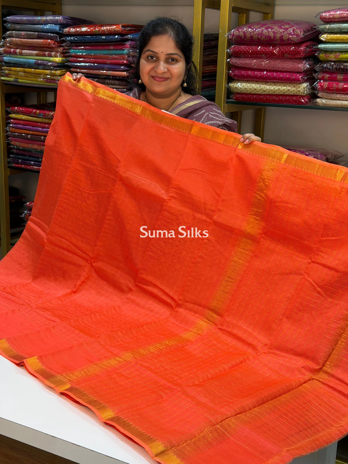 Mangalagiri Checks Gap Border Handloom Peach