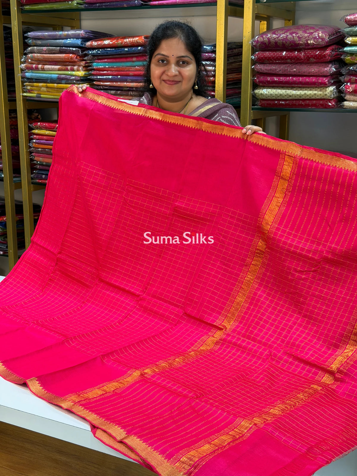 Mangalagiri Checks Gap Border Handloom Pink