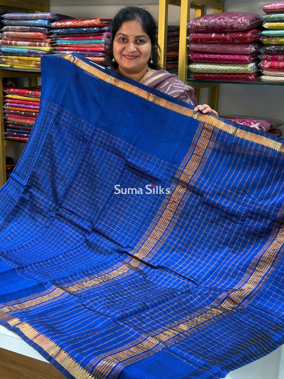 Mangalagiri Checks Gap Border Handloom Royal Blue