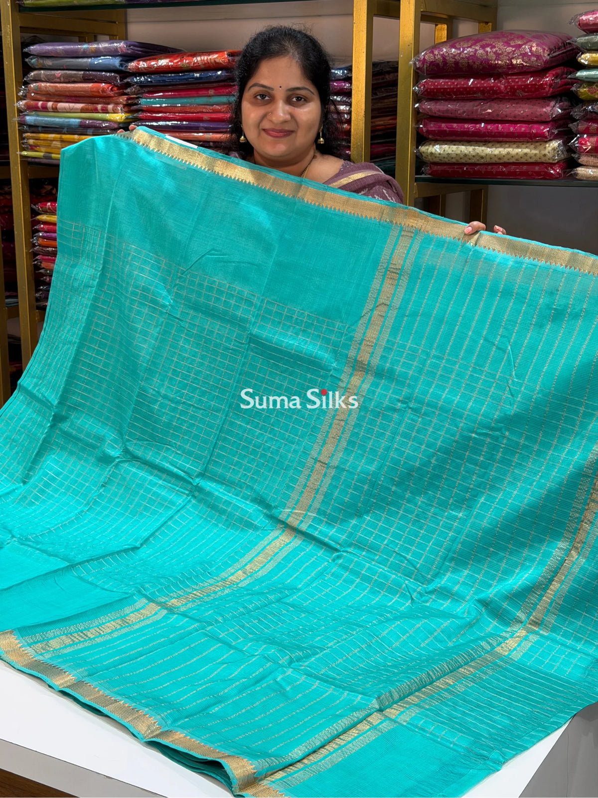 Mangalagiri Checks Gap Border Handloom Sea Green