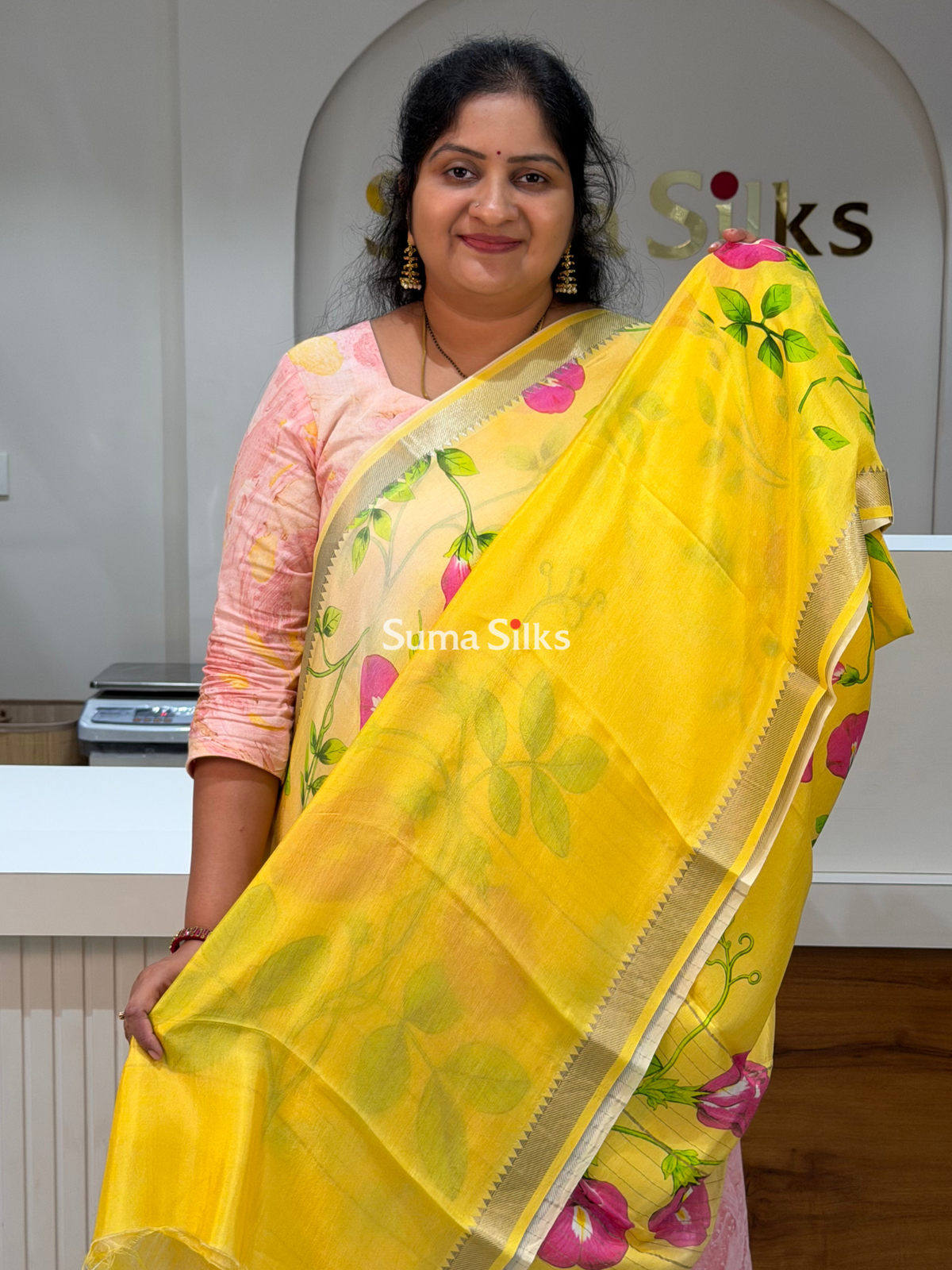 Mangalagiri Digital Print Creeper Design Yellow Color