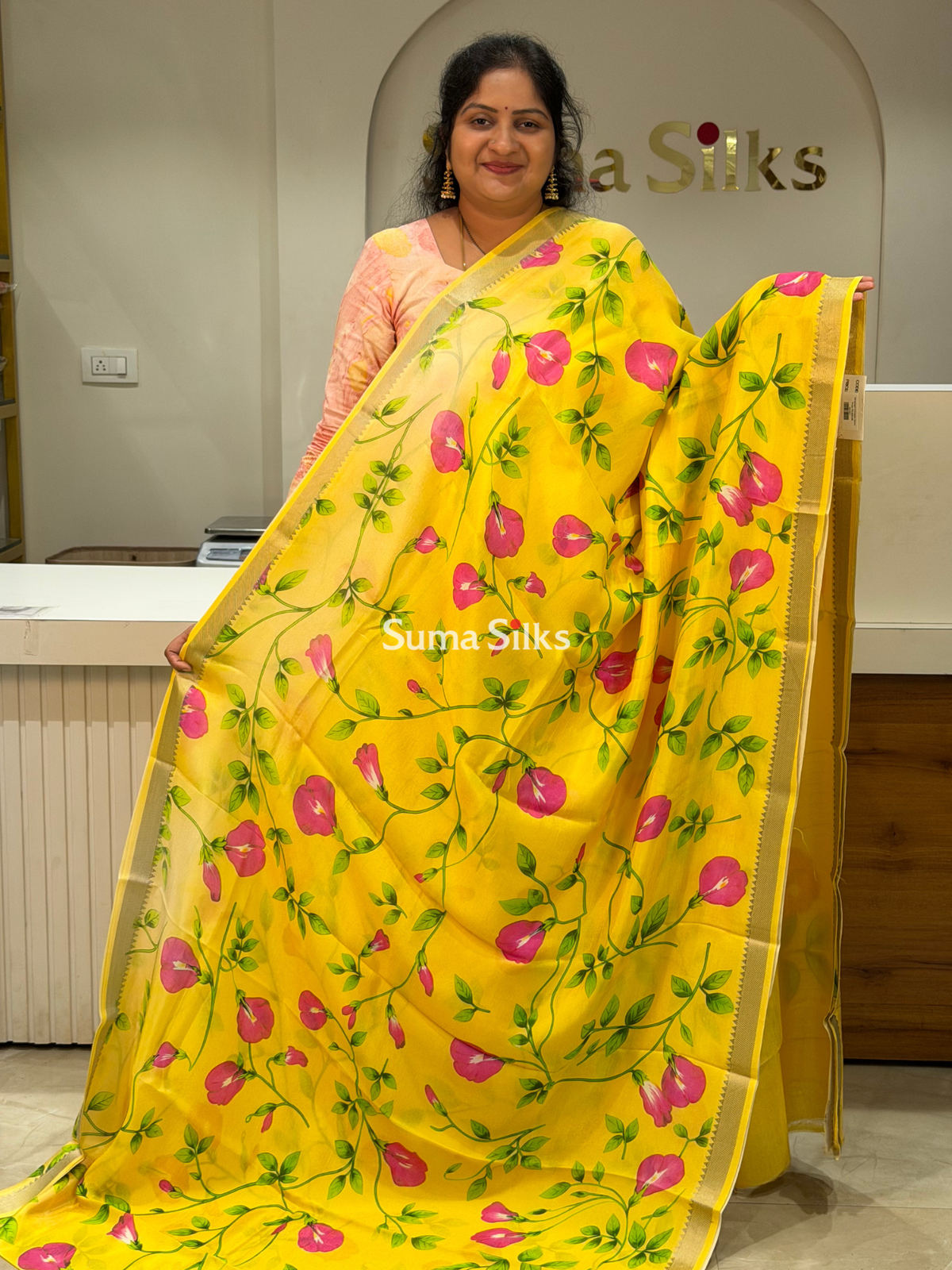 Mangalagiri Digital Print Creeper Design Yellow Color