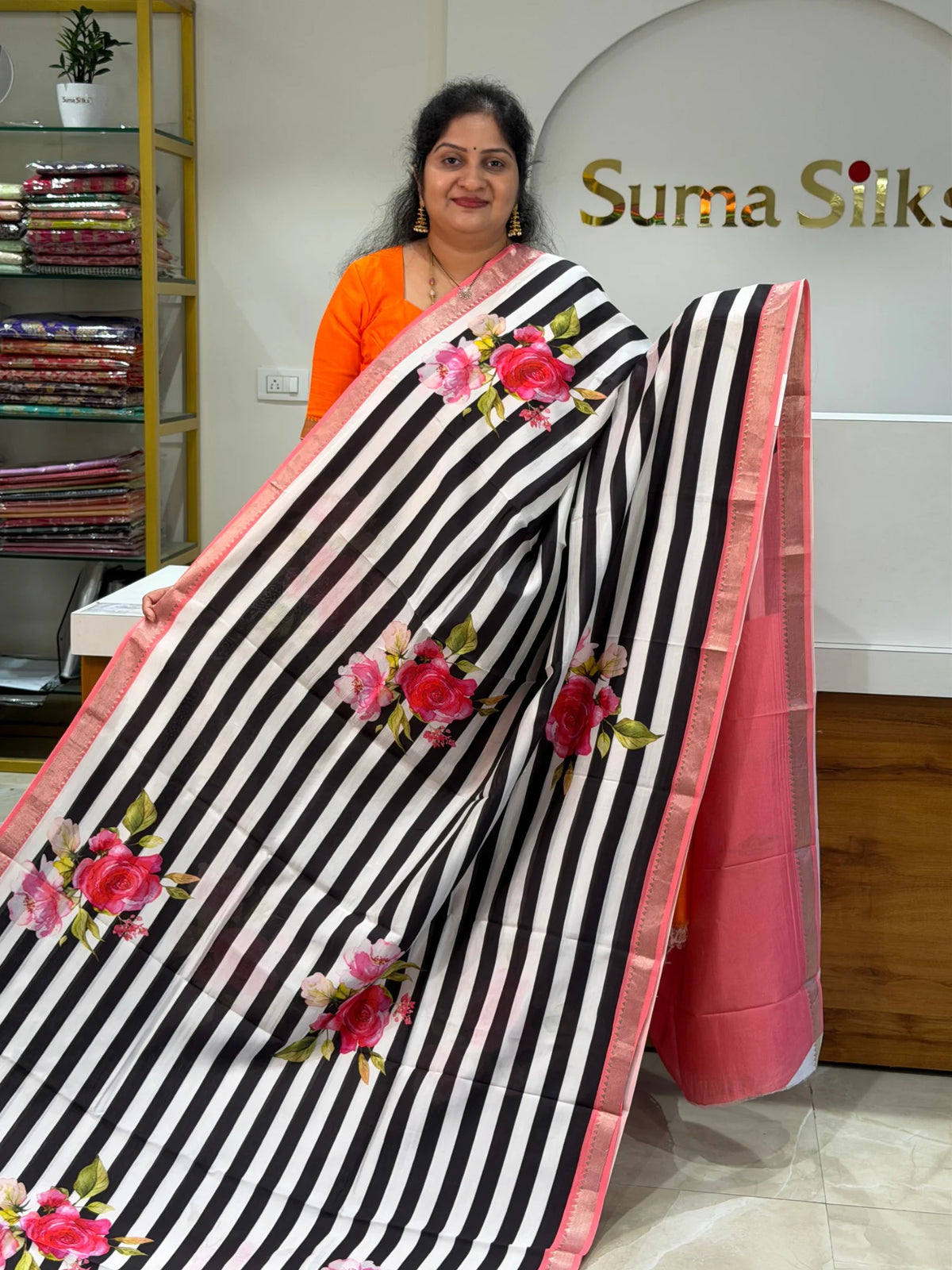 Mangalagiri Digital Print Floral Stripes Pink Border