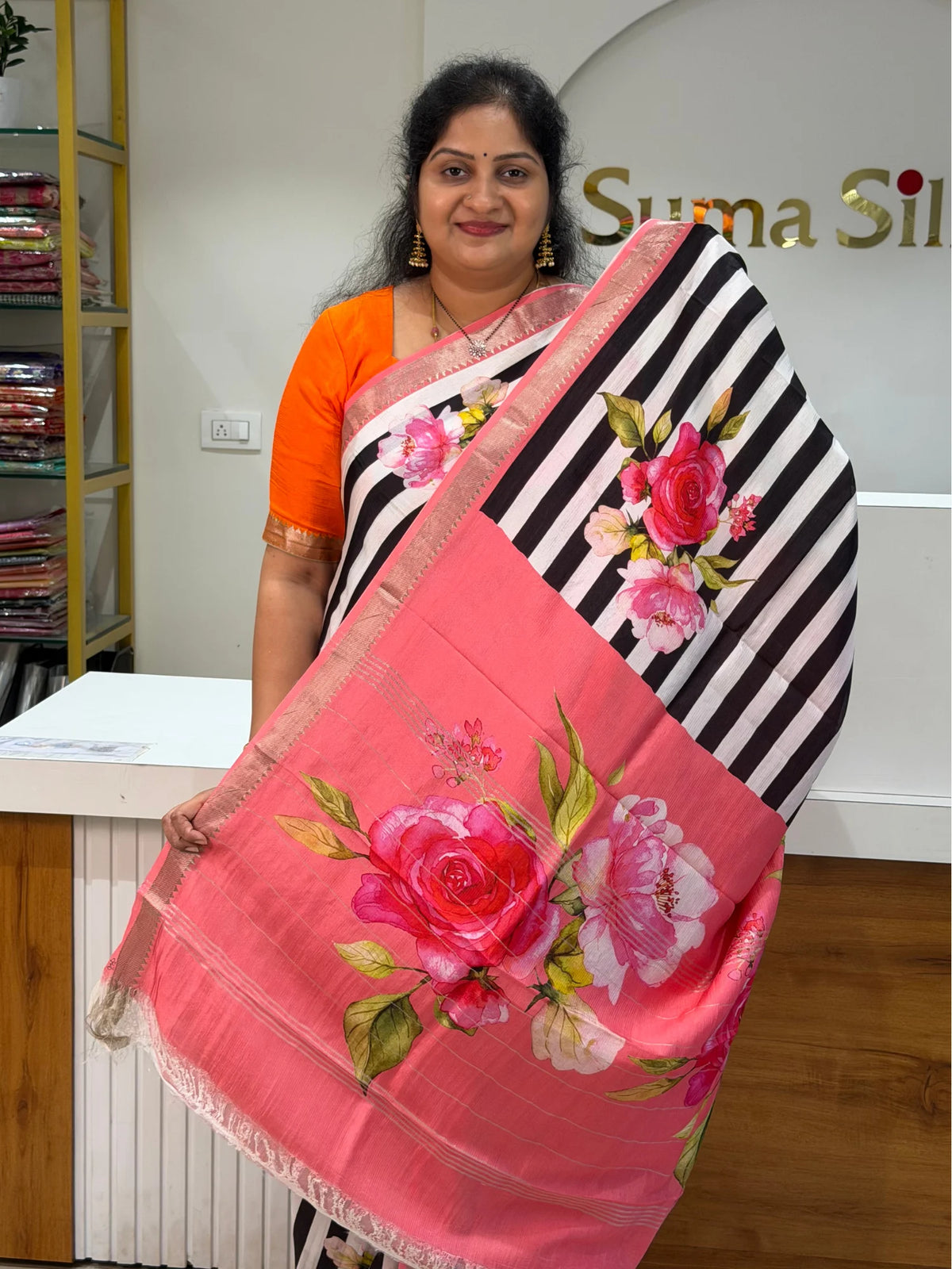 Mangalagiri Digital Print Floral Stripes Pink Border