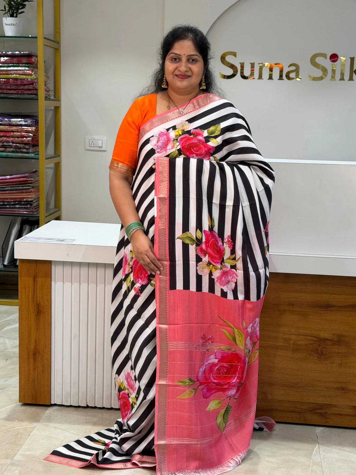 Mangalagiri Digital Print Floral Stripes Pink Border