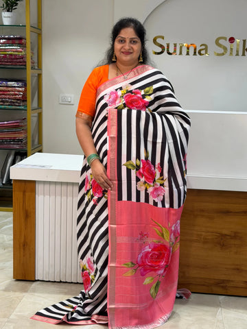 Mangalagiri Digital Print Floral Stripes Pink Border