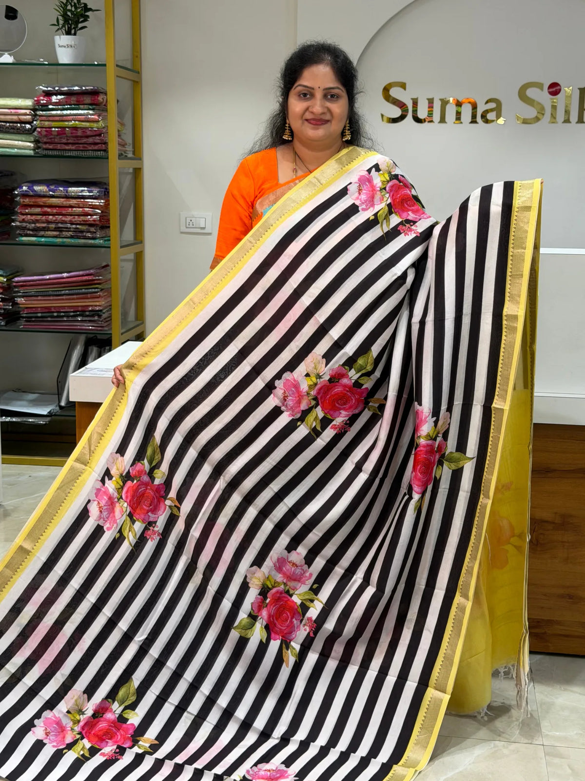 Mangalagiri Digital Print Floral Stripes Yellow Border