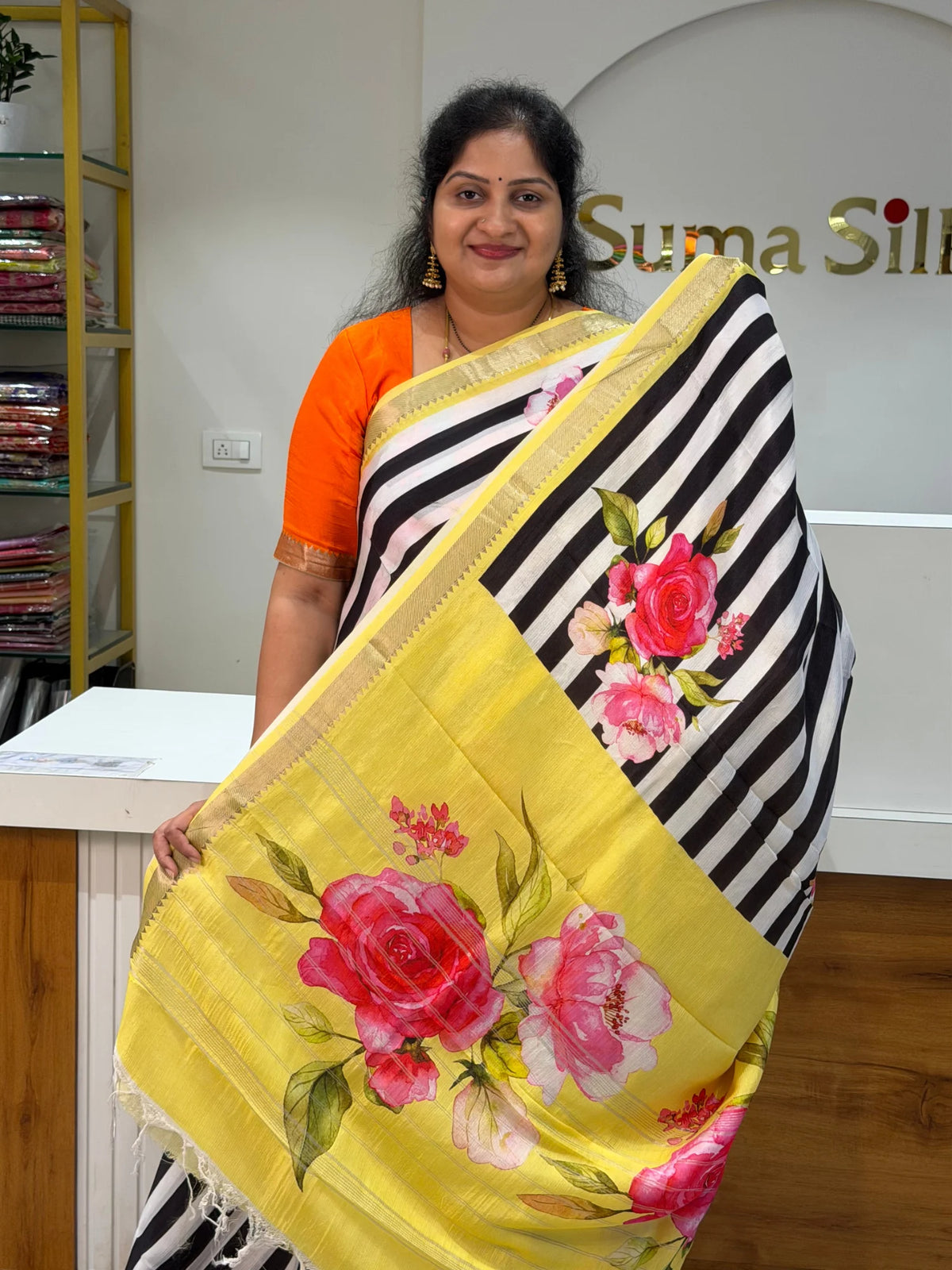 Mangalagiri Digital Print Floral Stripes Yellow Border