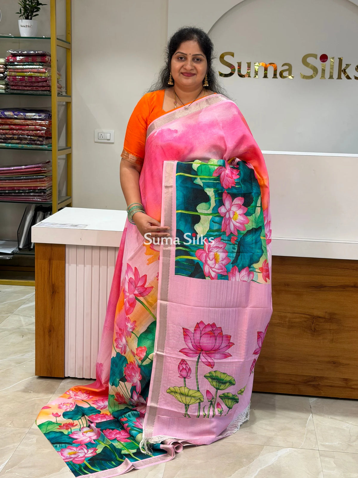 Mangalagiri Digital Print Lotus Design Baby Pink