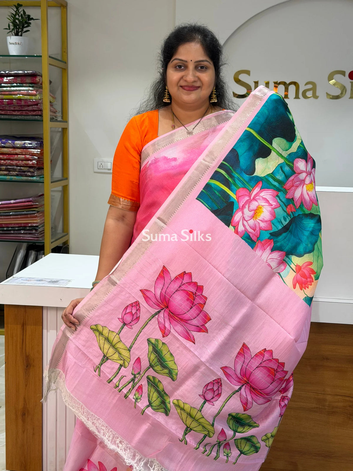 Mangalagiri Digital Print Lotus Design Baby Pink