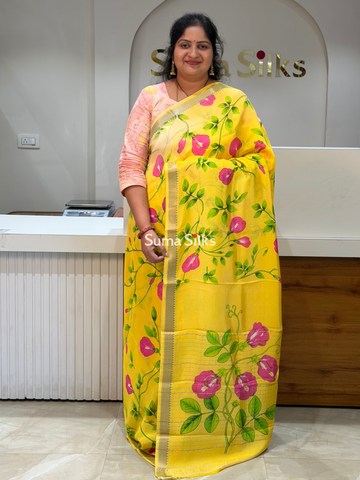 Mangalagiri Digital Print Creeper Design Yellow Color