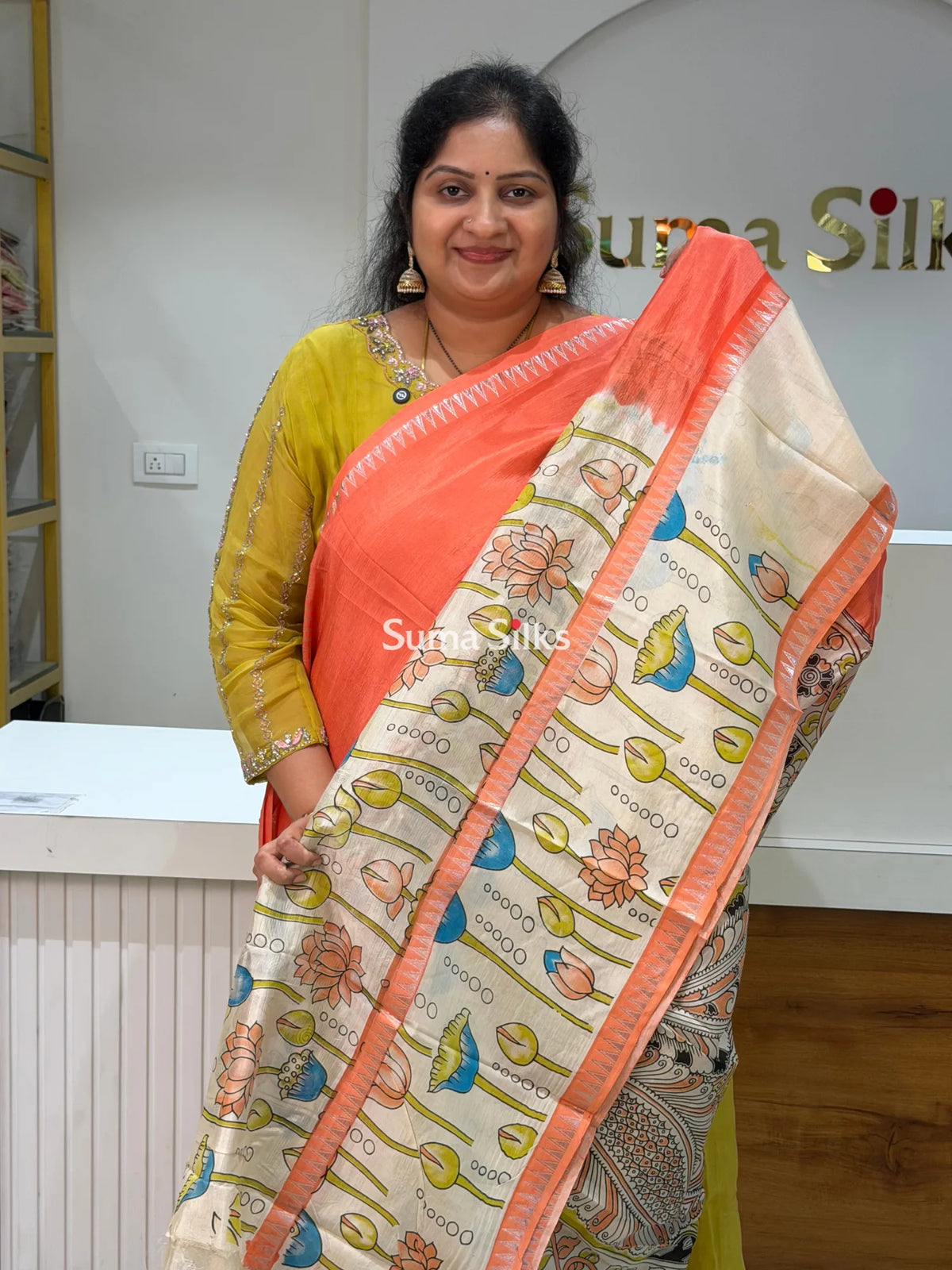 Mangalagiri Gap Border with Kalamkari Print Peach