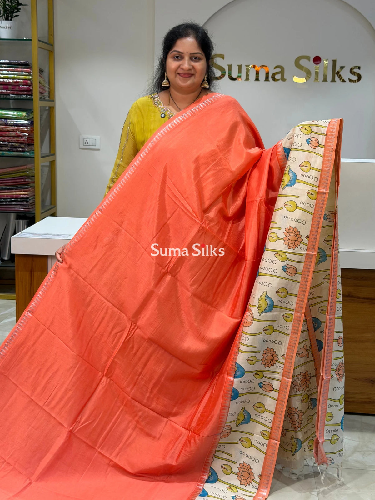Mangalagiri Gap Border with Kalamkari Print Peach