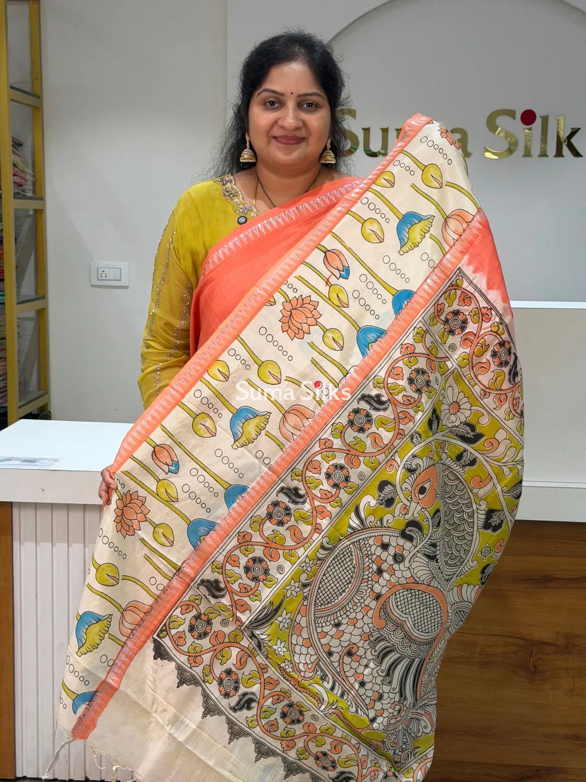 Mangalagiri Gap Border with Kalamkari Print Peach