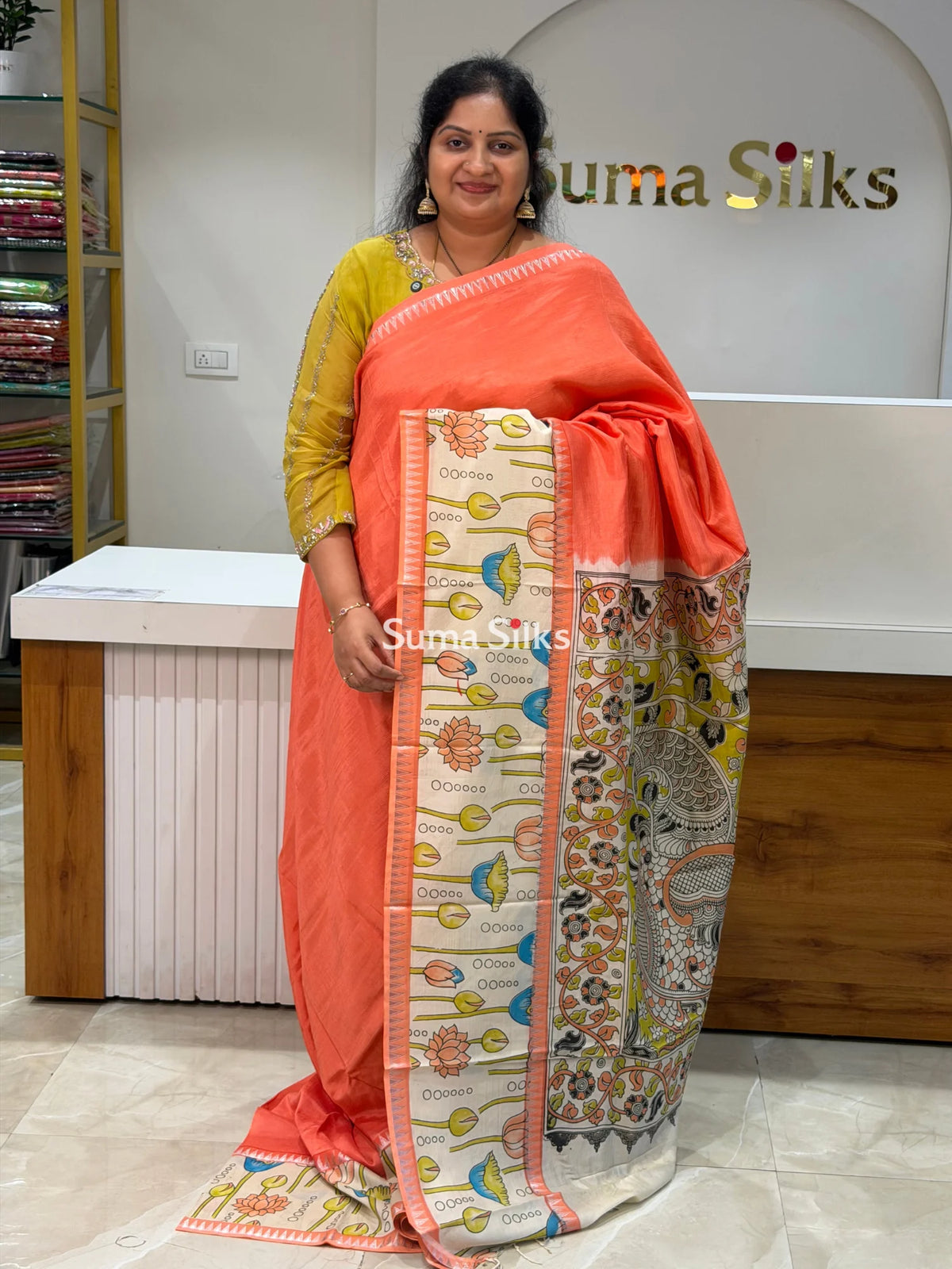 Mangalagiri Gap Border with Kalamkari Print Peach
