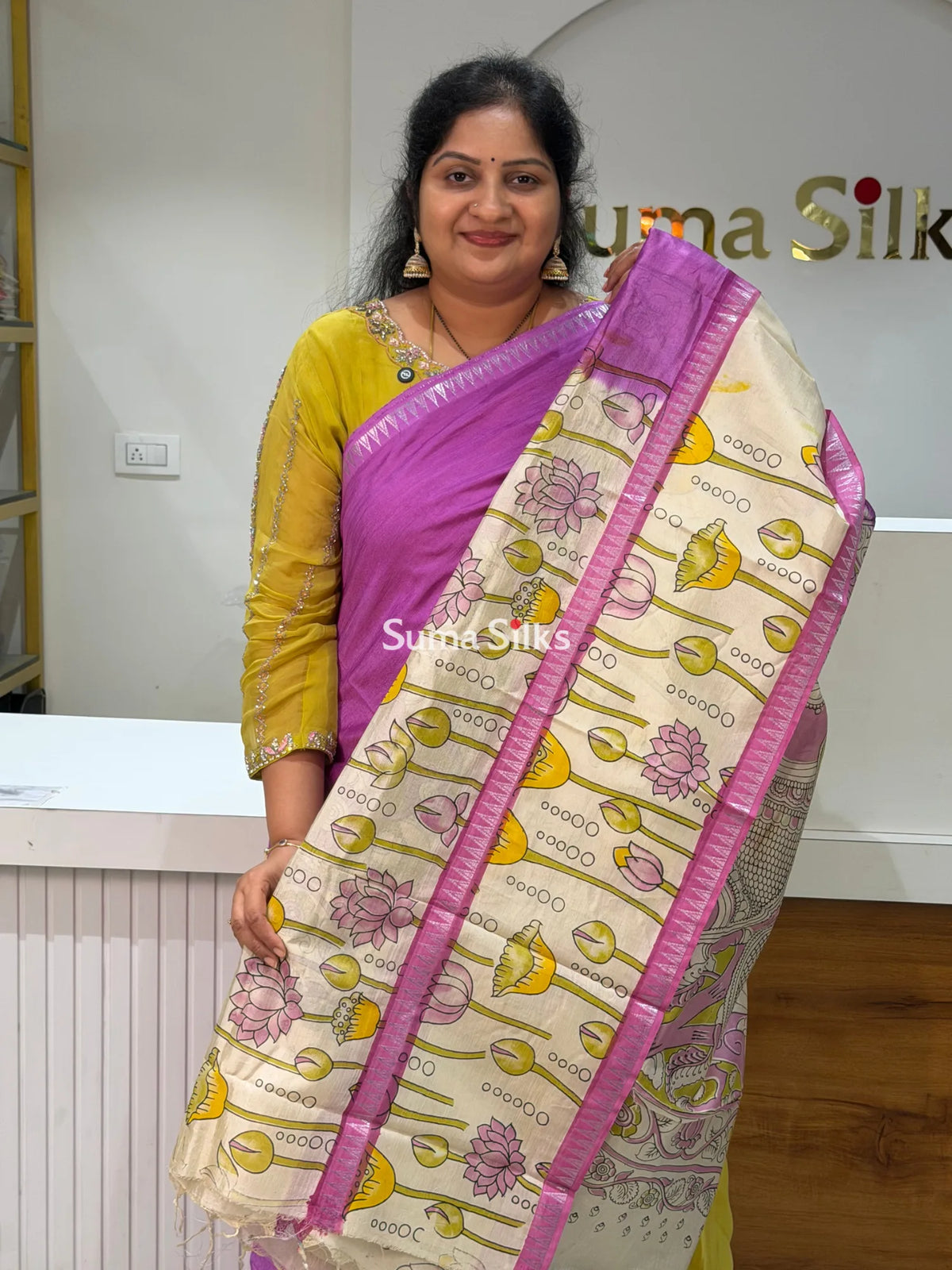 Mangalagiri Gap Border with Kalamkari Print Purple