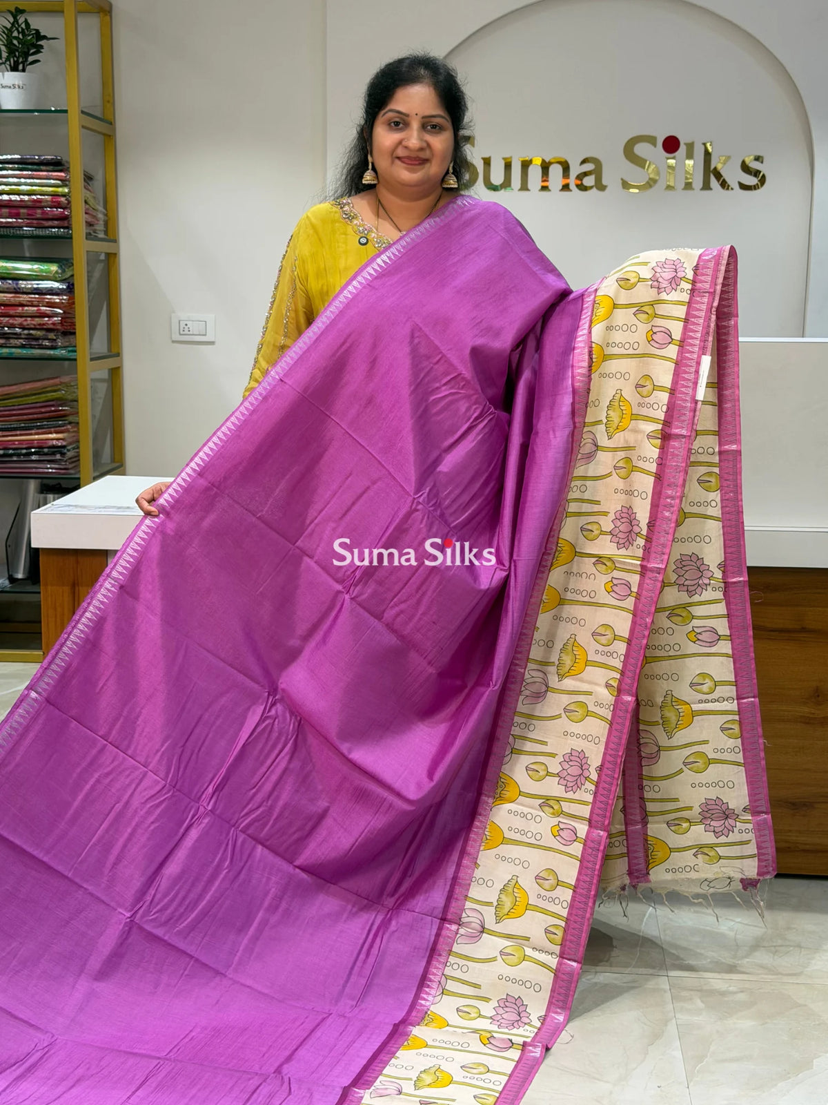 Mangalagiri Gap Border with Kalamkari Print Purple