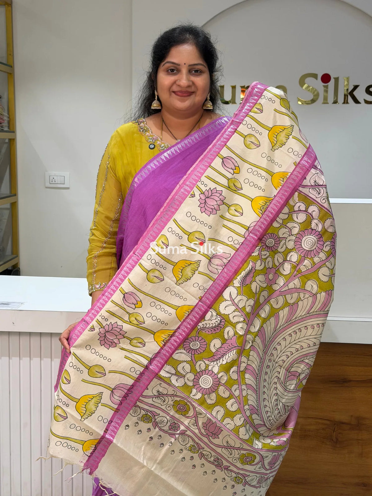 Mangalagiri Gap Border with Kalamkari Print Purple