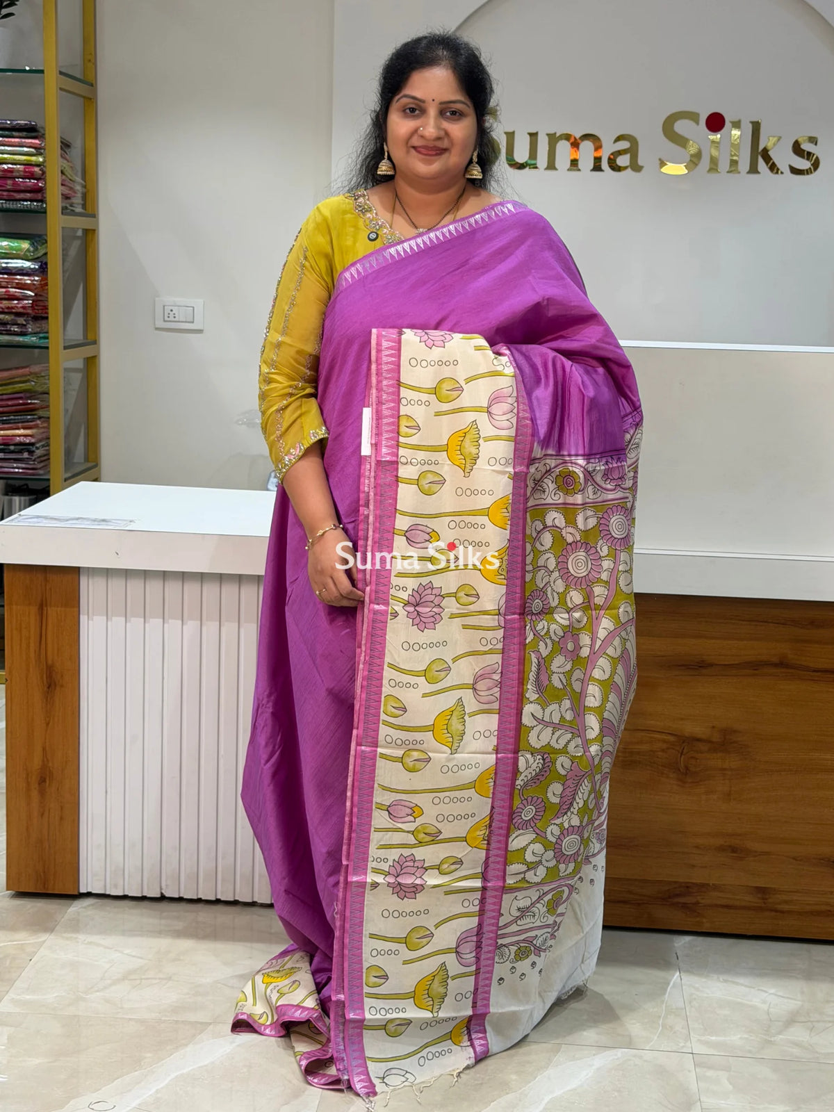 Mangalagiri Gap Border with Kalamkari Print Purple