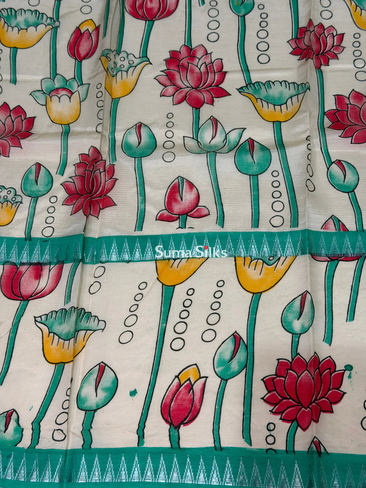 Mangalagiri Gap Border with Kalamkari Print Rama Green