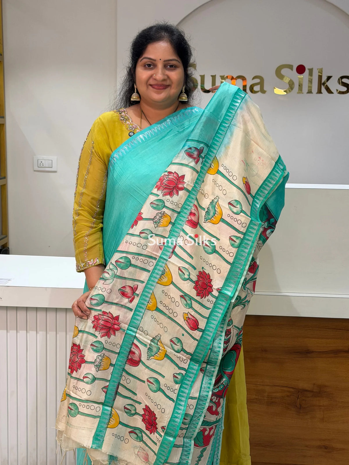 Mangalagiri Gap Border with Kalamkari Print Rama Green