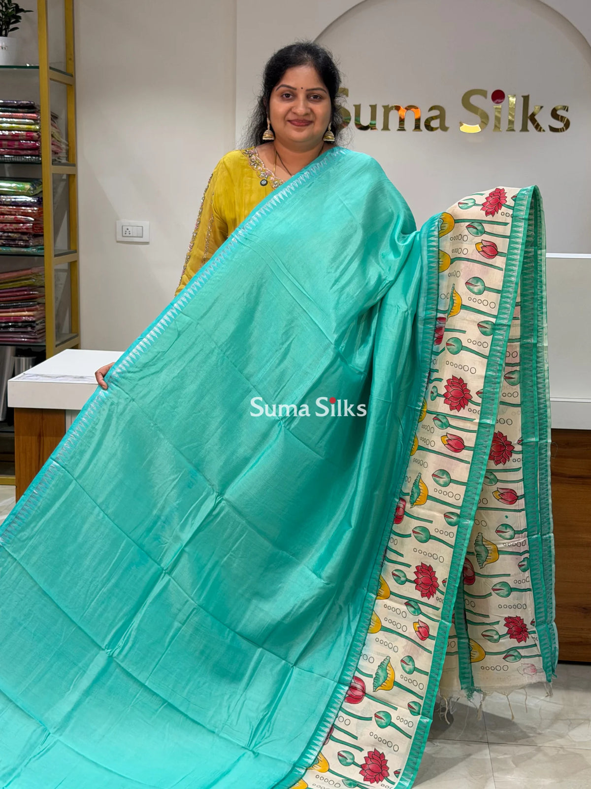 Mangalagiri Gap Border with Kalamkari Print Rama Green